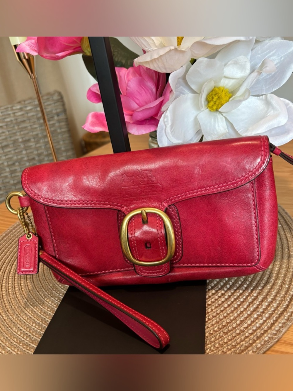 Coach Bleecker Red Pink Leather Gold Buckle Large Wristlet - Wallet